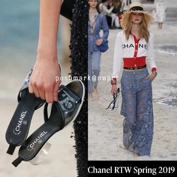 CHANEL 💯 Logo PVC Slides Sandals Mules Transparent Clear Black 37 7 Box Bag SS19 - Picture 4 of 17